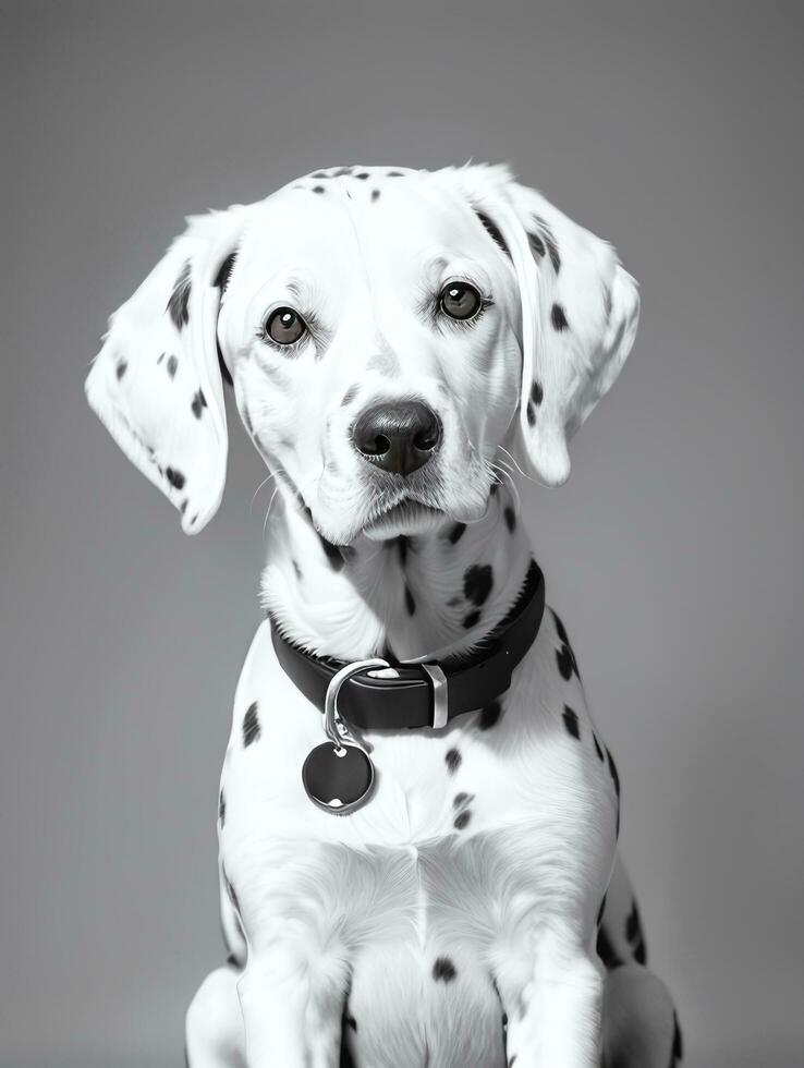 Happy Dalmatian Dog Black and White Monochrome Photo in Studio Lighting