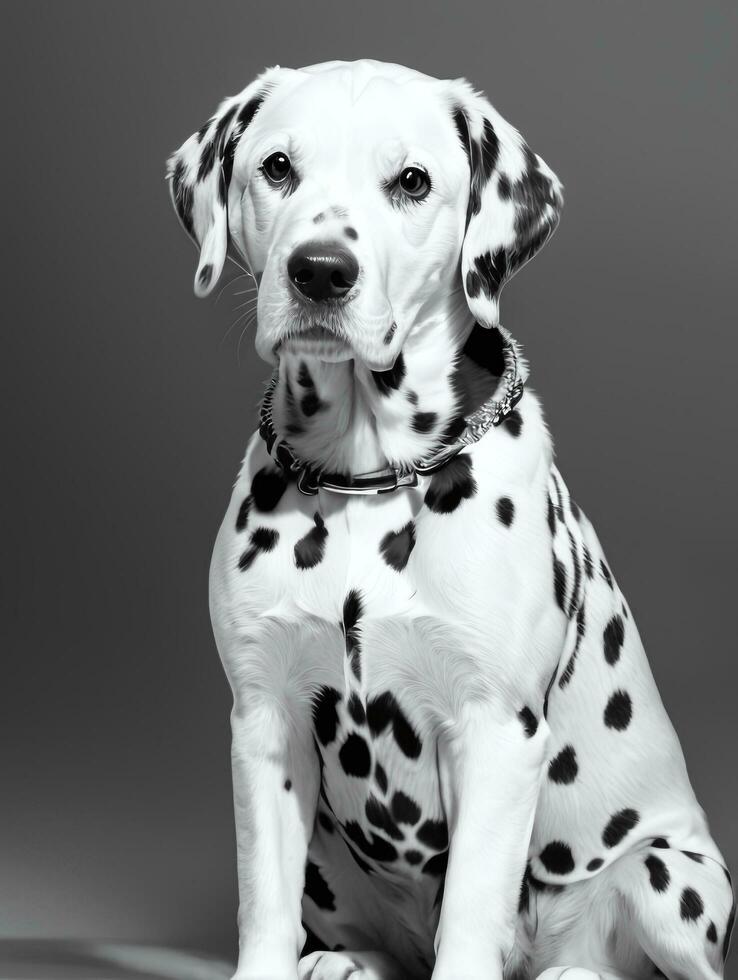 Happy Dalmatian Dog Black and White Monochrome Photo in Studio Lighting