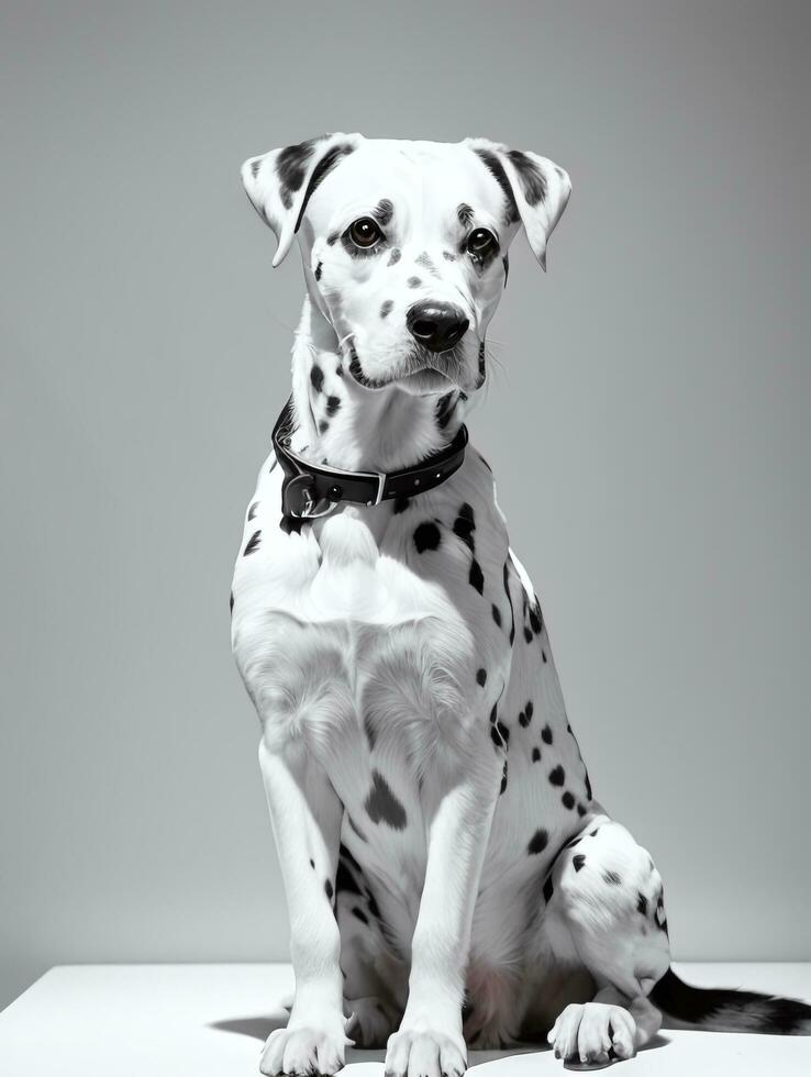 Happy Dalmatian Dog Black and White Monochrome Photo in Studio Lighting