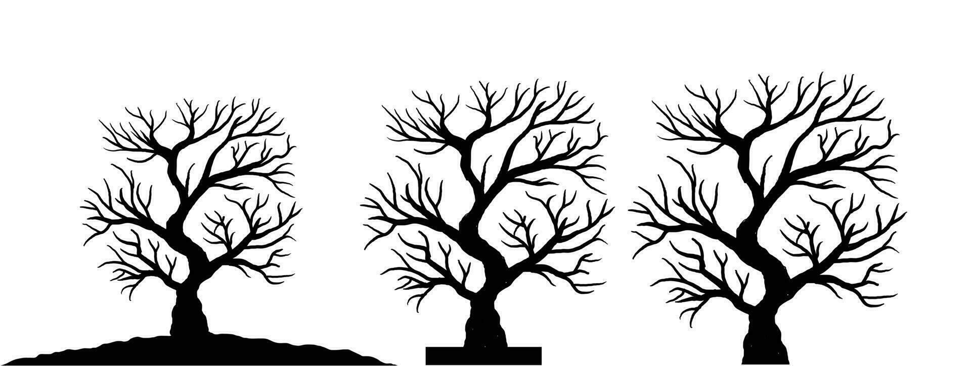 silhouette of dead tree vector illustration. silhouette of trees and branches without leaves. Bare Tree silhouette. Black Branch Tree vector. silhouette of a bare tree.