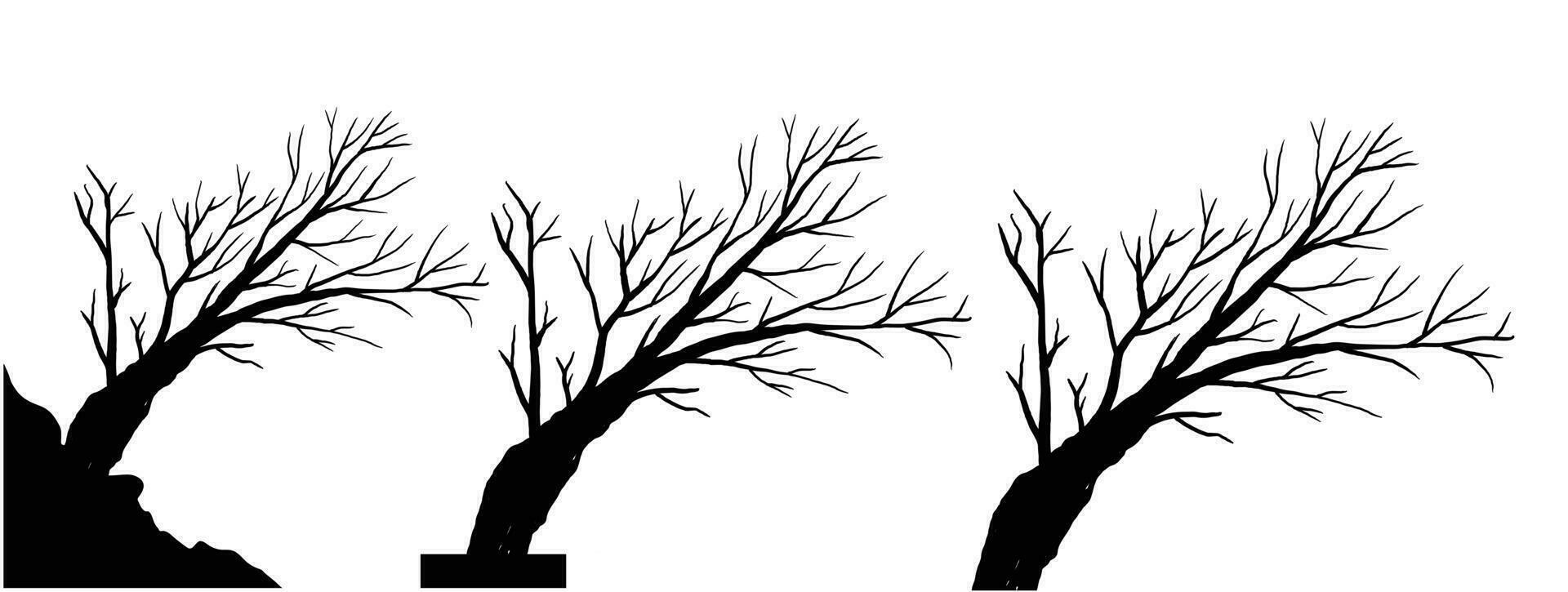 silhouette of dead tree vector illustration. silhouette of trees and branches without leaves. Bare Tree silhouette. Black Branch Tree vector. silhouette of a bare tree.