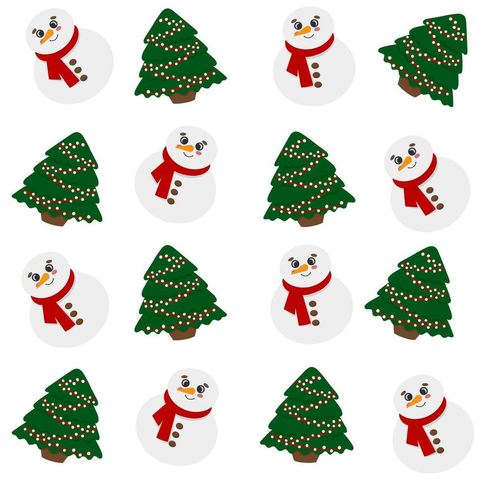 Snowman and Christmas tree vector seamless pattern, textile, fabric, wrapping paper, background, wallpaper, packaging