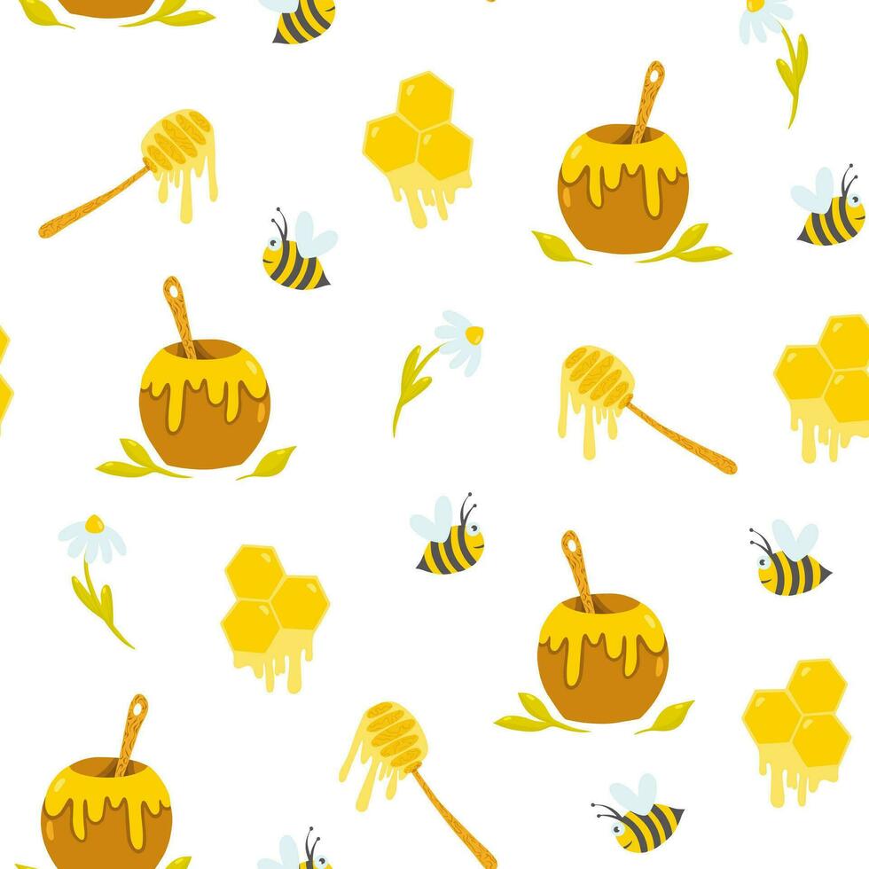 Seamless pattern of honey, bees and flowers, vector illustration background, wallpaper, textile, print
