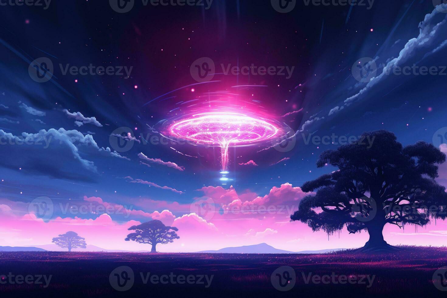 Landscape background tree with a colorful fractal nebula. Generative AI photo