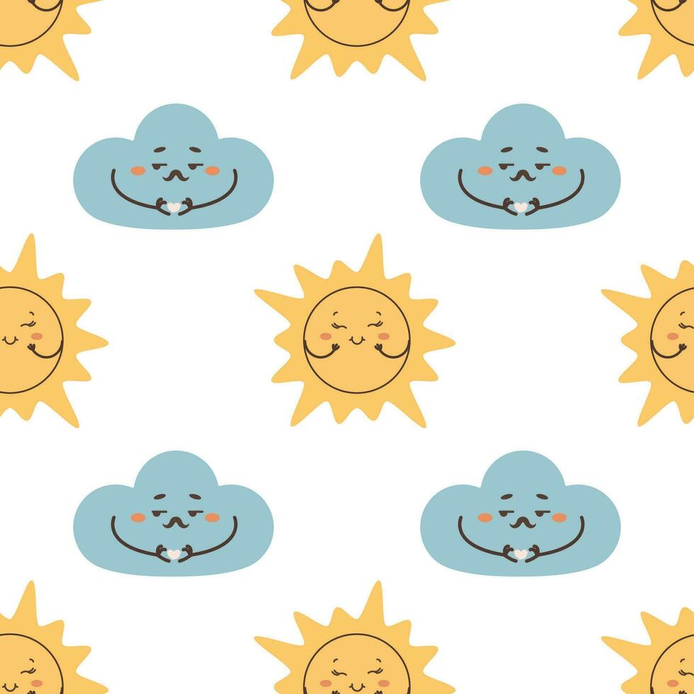 Seamless cloud pattern showing a heart, flirting with the sun , overcast vector