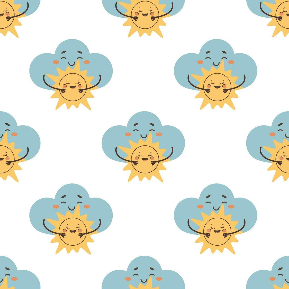 Seamless pattern sad cloud hugging the sun , overcast vector