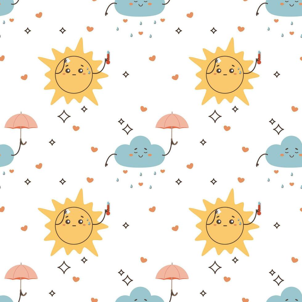 Seamless pattern cute cloud with umbrella, hearts vector