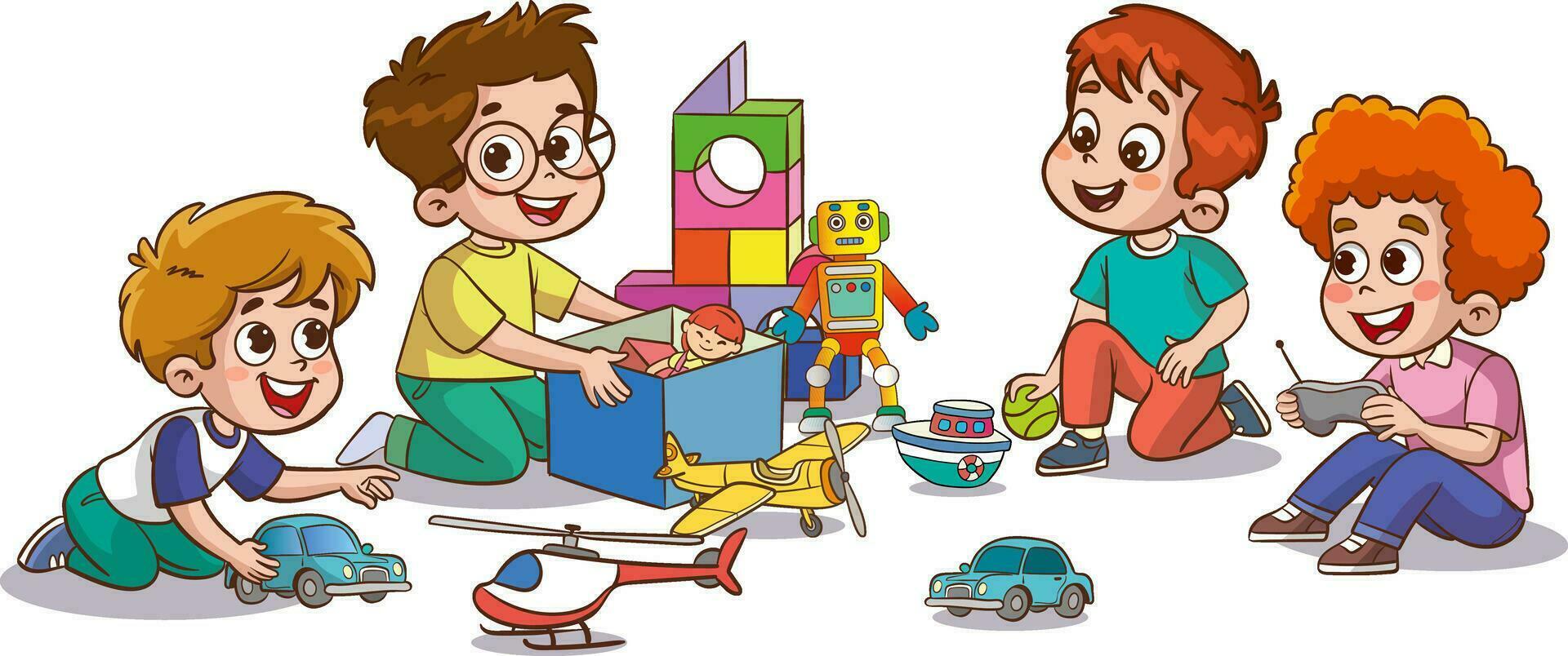 vector illustration of cute children in the kindergarten playing with toys