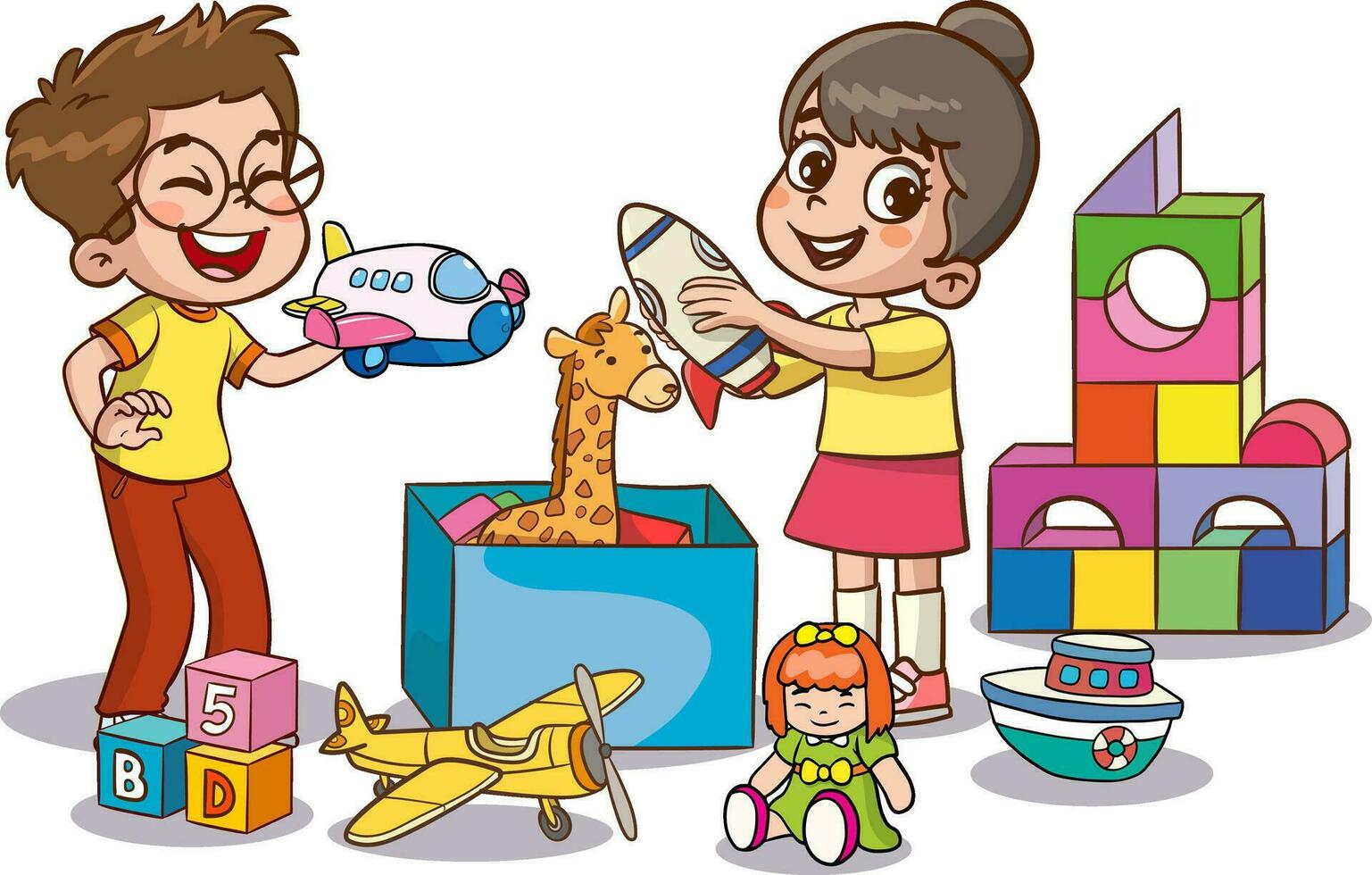 vector illustration of cute children in the kindergarten playing with toys