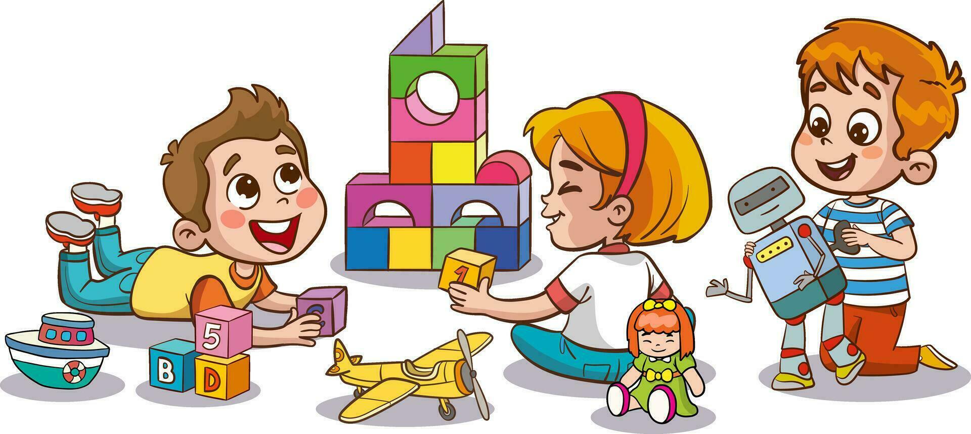 vector illustration of cute children in the kindergarten playing with toys