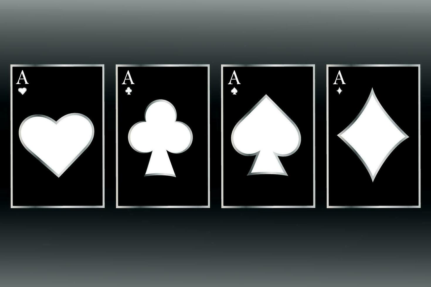 Cards. A set of four playing card aces in an original white design on a black background. White hearts, spades, diamonds, club cards sign. Casino, gambling concept. Casino template, web design. Vector