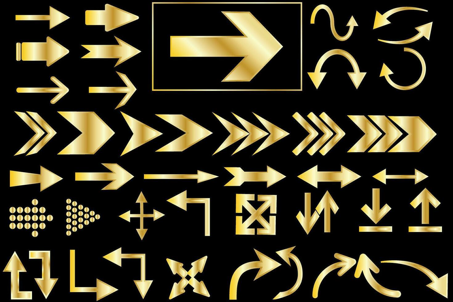 flechas conjunto de vector flechas con dorado degradado y ataque. lata ser usado para web diseño, móvil aplicaciones, interfaz y otro iconos.de.diseño aislado en negro antecedentes.