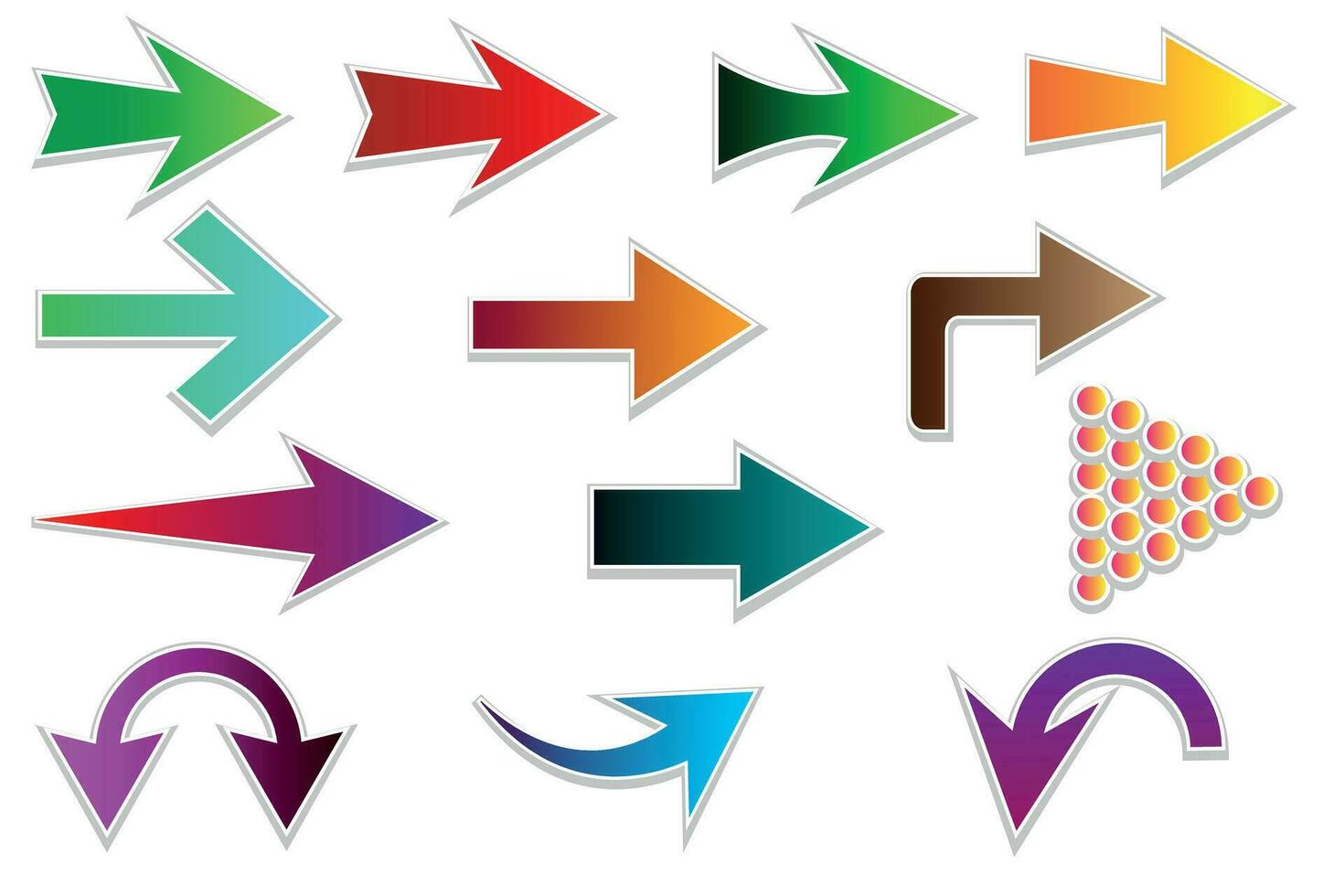 Arrows. Set of isolated multicolored arrows. Gradient arrows of different shapes on a white background. Blue, pink, purple, orange, green, yellow gradient colors. Vector design element.