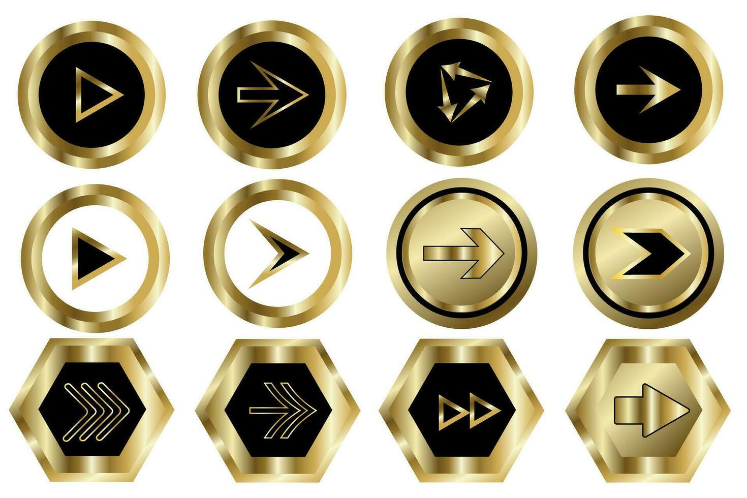 Golden arrows icon in trendy flat design, in golden circles and pentagons. Vector motion and direction concept.