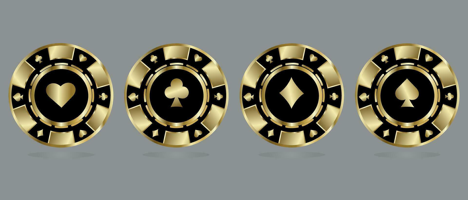 Set of casino chips in gold style. Stylish gold chips for casinos. Vector illustration isolated on gray background. Casino concept.