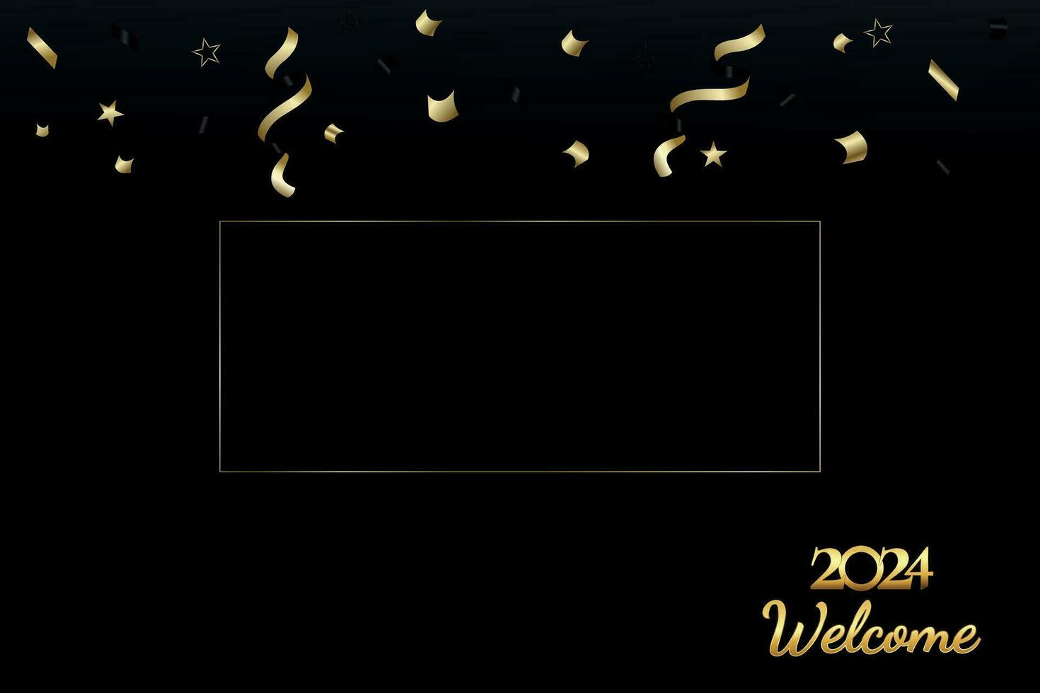 Black New Year background with serpentine and stars. Happy New Year 2024 greeting card, with golden inscription and place for your text. New Year 2024 concept. Vector illustration.