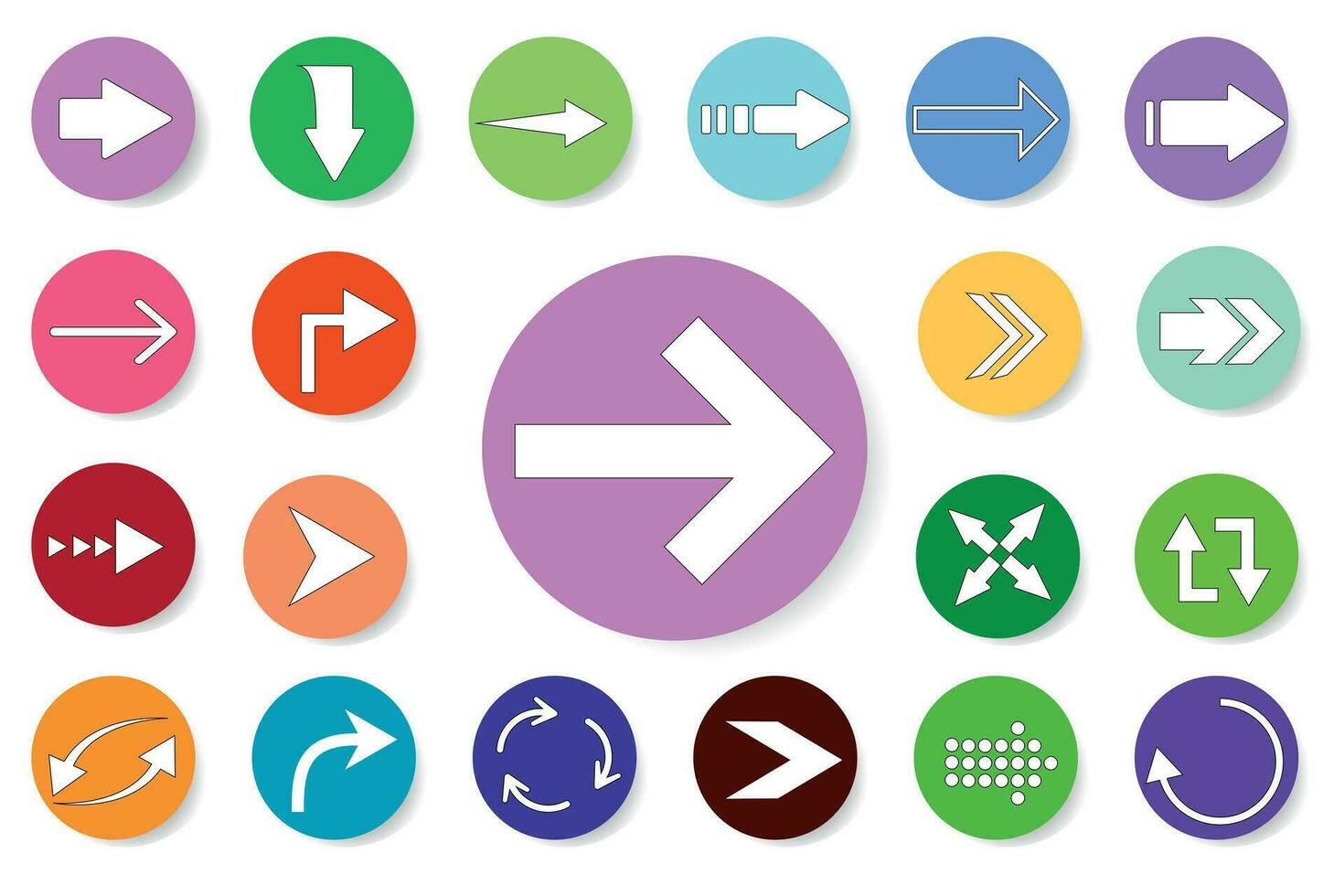 Arrows. Collection of flat modern icons with arrows, on multicolored circles with gradient and shadow on white background. Internet button. Modern style. Vector illustration.