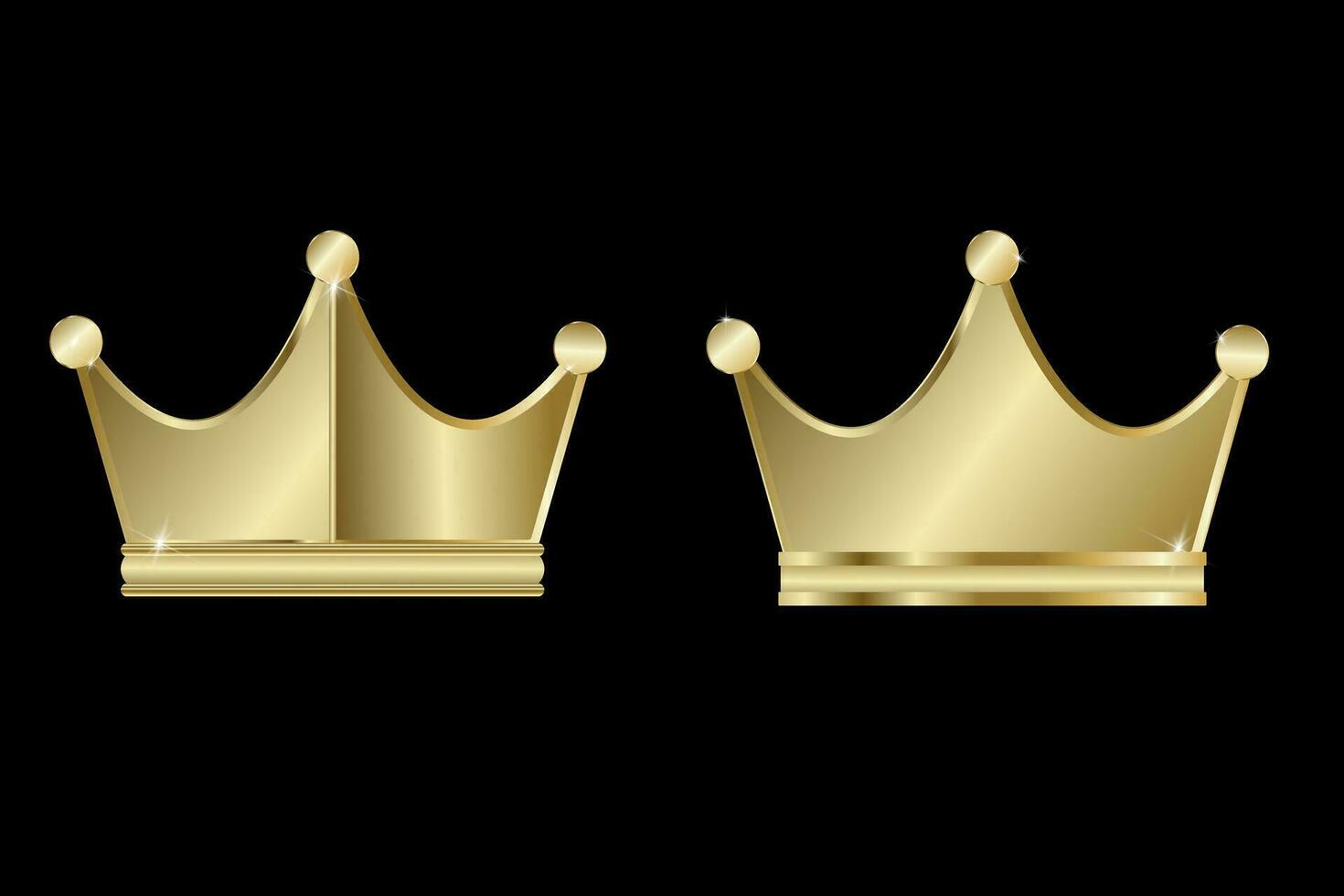 Crown. Set of two gold crowns isolated on a black background. Golden crown icon. Rendering of a golden crown. Vector illustration