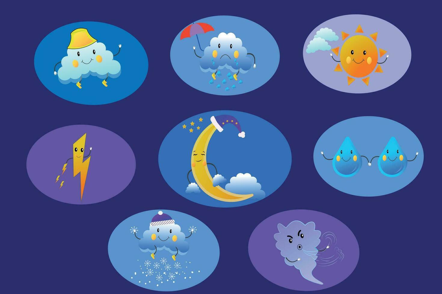 Weather icons pack. Colorful weather forecast design elements, perfect for mobile apps and widgets. Contains icons of the sun, clouds, snowflakes, wind, rain, temperature vector