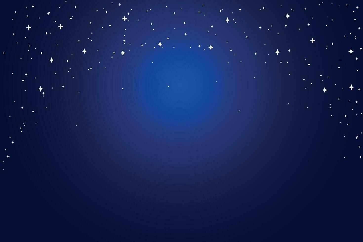 Scene of white stars and small gold sparkles on a blue gradient background. Scene or design element for New Year cards. Vector illustration.