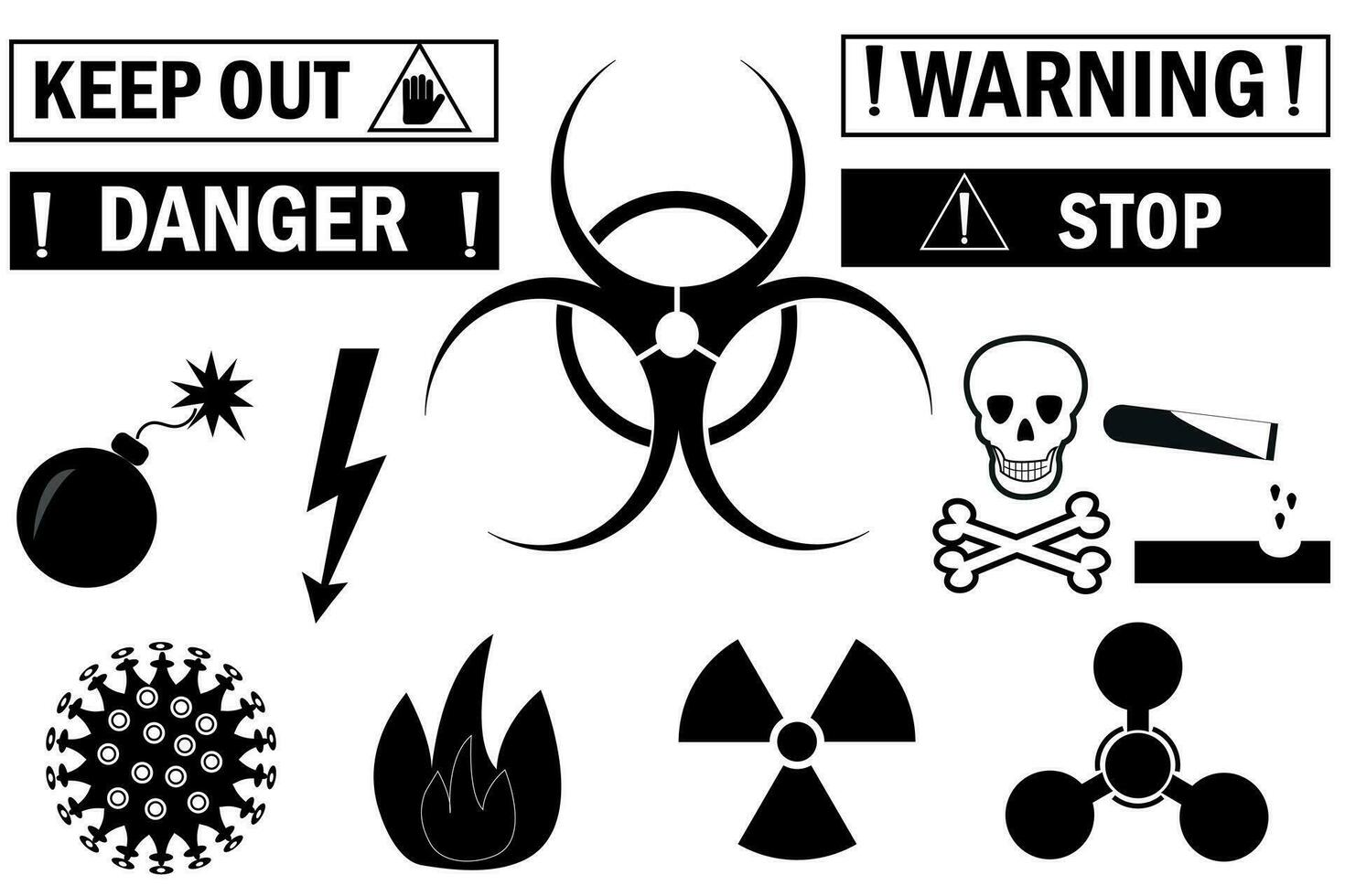 conjunto de íconos y advertencia señales de peligro. elementos de diferente tipos de peligro, biológico peligro, toxicidad y otros. vector