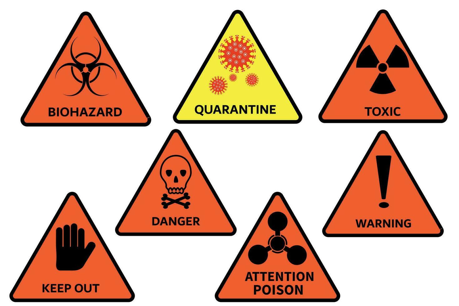 Danger.Collection of danger and warning vector signs. Radiation sign, biohazard sign, toxicity sign, corantine sign and others.Vector illustration.