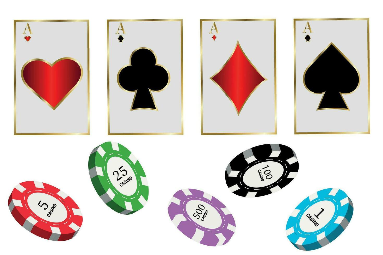 Casino. Set of four aces in gold design with colored playing chips for gambling and casino on a white background. Casino banner concept. Vector illustration.