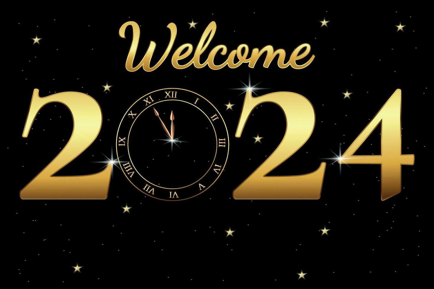 New Year 2024 concept. Magic background with a clock and an inscription on an abstract sparkling midnight sky. New Year party invitation card banner. Vector illustration.