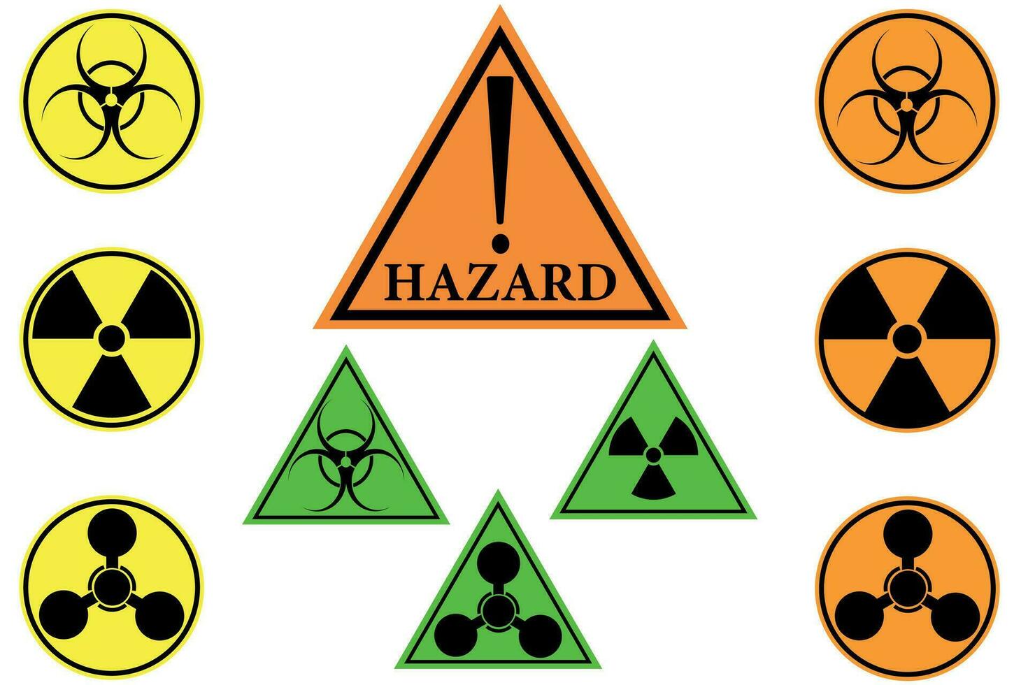 Hazard. Different vector danger signs. Radiation sign, biohazard sign, toxicity sign.Vector