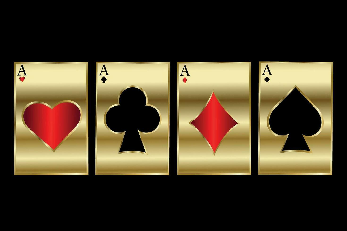 Cards. Set of four golden aces for playing cards. Golden hearts, spades, diamonds, club cards sign. Casino, gambling concept. Casino template, web design. Vector illustration.