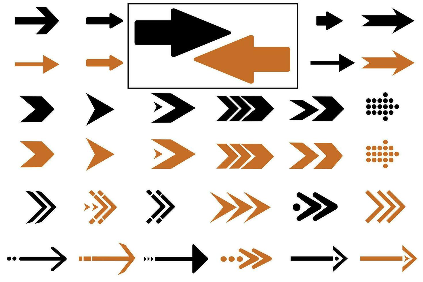 Arrow icons set. Colored arrow symbols. Arrows in black and orange colors on a white background. Set of flat vector arrows. Isolated arrow symbols.