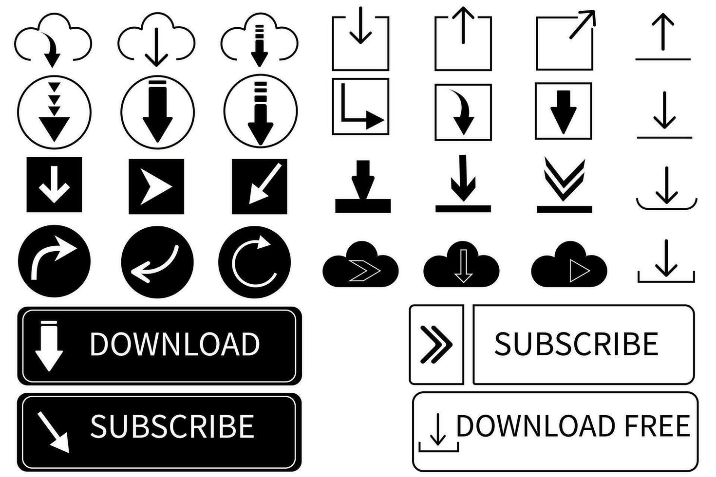 Set of arrows and black icons.Modern simple arrows. Subscribe button.Software download icon, web icon set. Arrow vector collection. Cursor. Subscriber service. Concept of social networks.