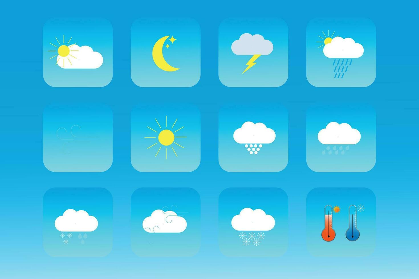 Weather icon. Weather icons pack. Colorful weather forecast design elements, perfect for mobile apps and widgets. Contains icons of the sun, clouds, snowflakes, wind, rain, temperature . vector