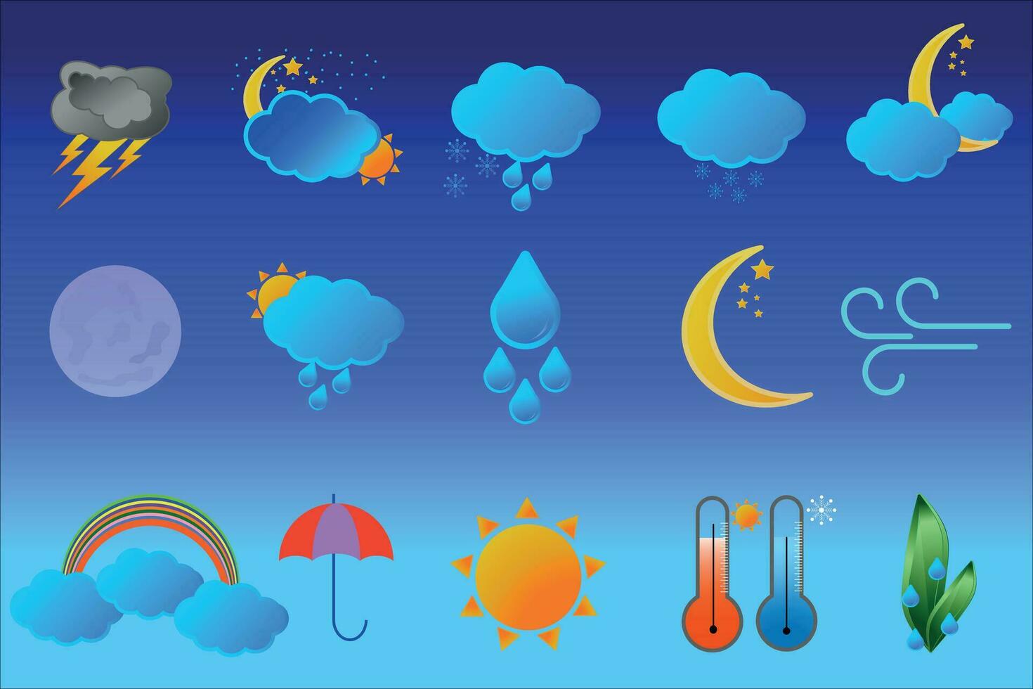 Weather icon.Weather icons pack. Colorful weather forecast design elements, perfect for mobile apps and widgets. Contains icons of the sun, clouds, snowflakes, wind, rain, temperatur vector
