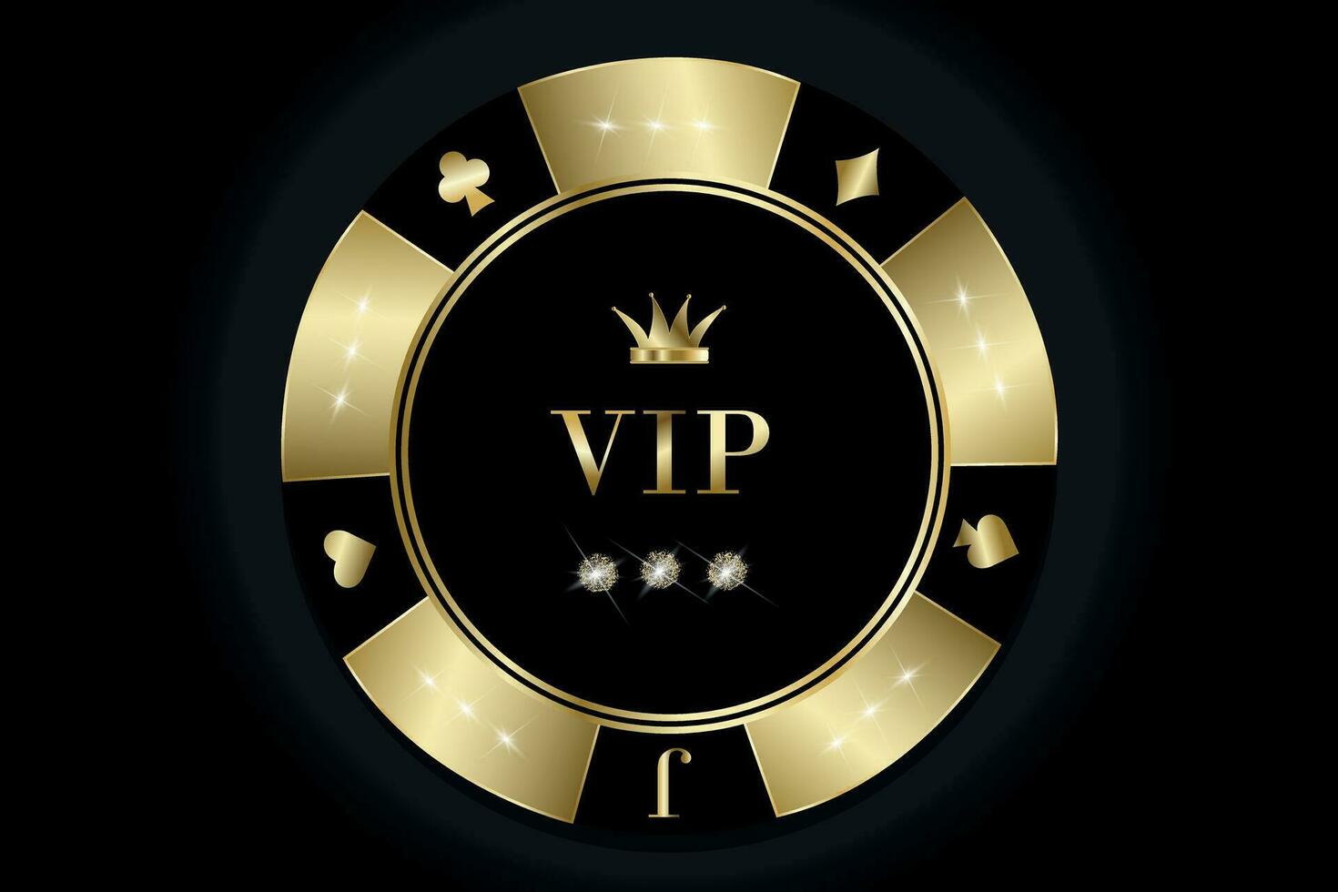 VIP gold casino chip. Casino poker chip element, gambling game isolated on black background. Vector illustration for cards, casino, game design, advertising. Casino concept.