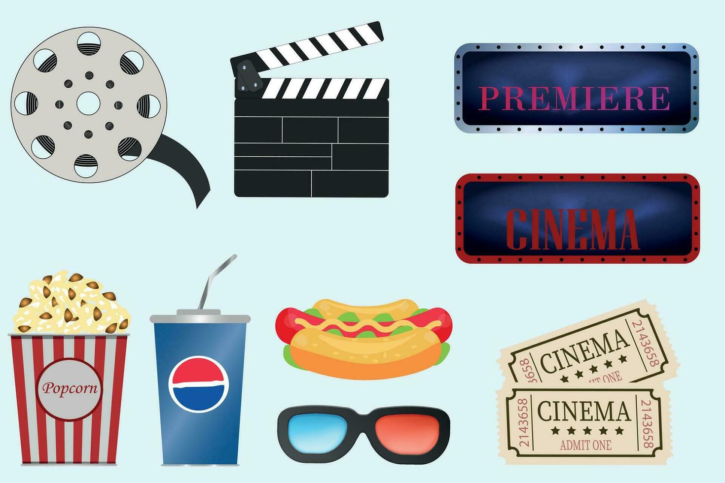 Cinema poster template, film festival invitation. Movie night event posters with popcorn, soda, camera, movie premiere flyer vector set. Cinematography equipment for industry