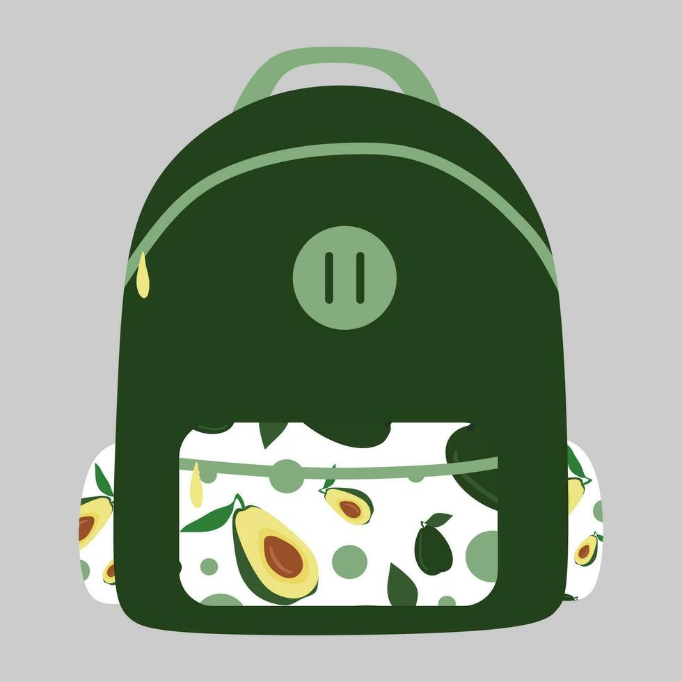Vector illustration of Green Backpack with Avocado pattern. Green School bag isolated on white background. Flat style Cartoon Design element, College Accessory for Education. Banner, Sticker, Poster