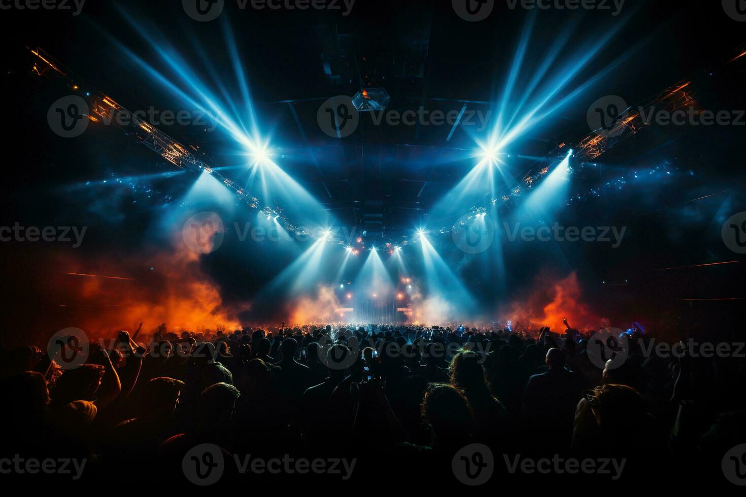 Rock concert, silhouettes of people in the bright rays of spotlights. Generated by artificial intelligence photo