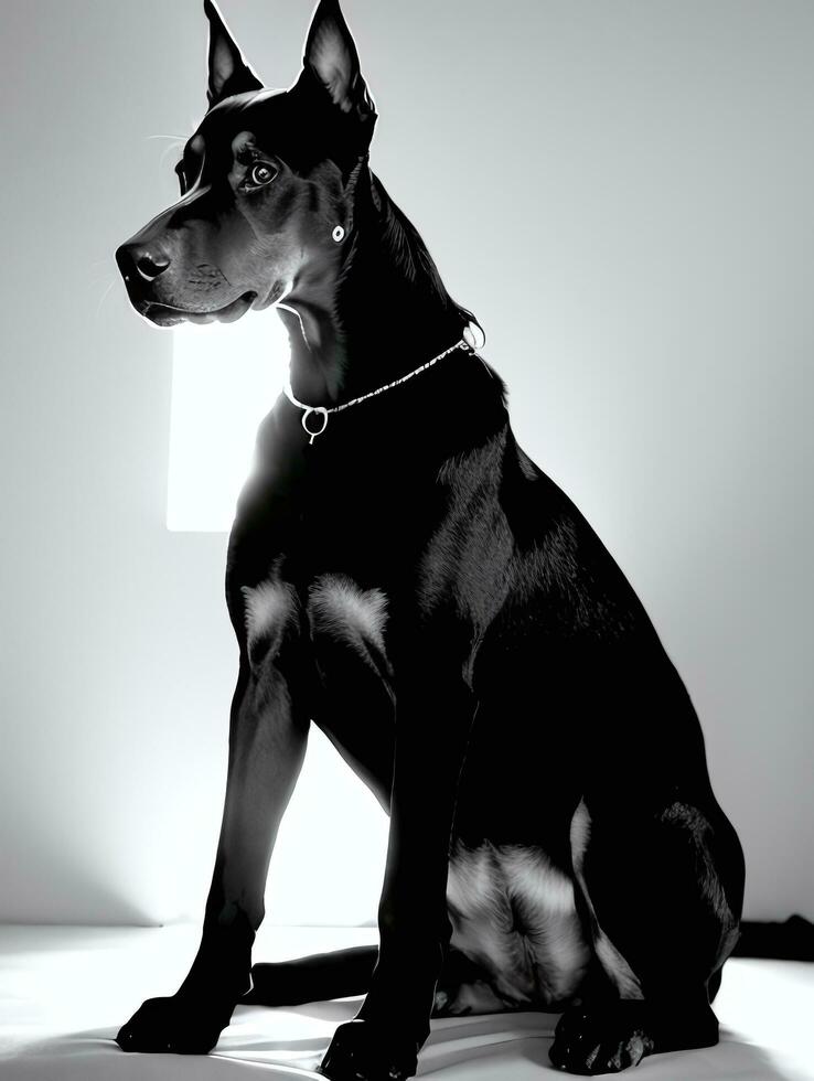 Happy Doberman Pinscher Dog Black and White Monochrome Photo in Studio Lighting