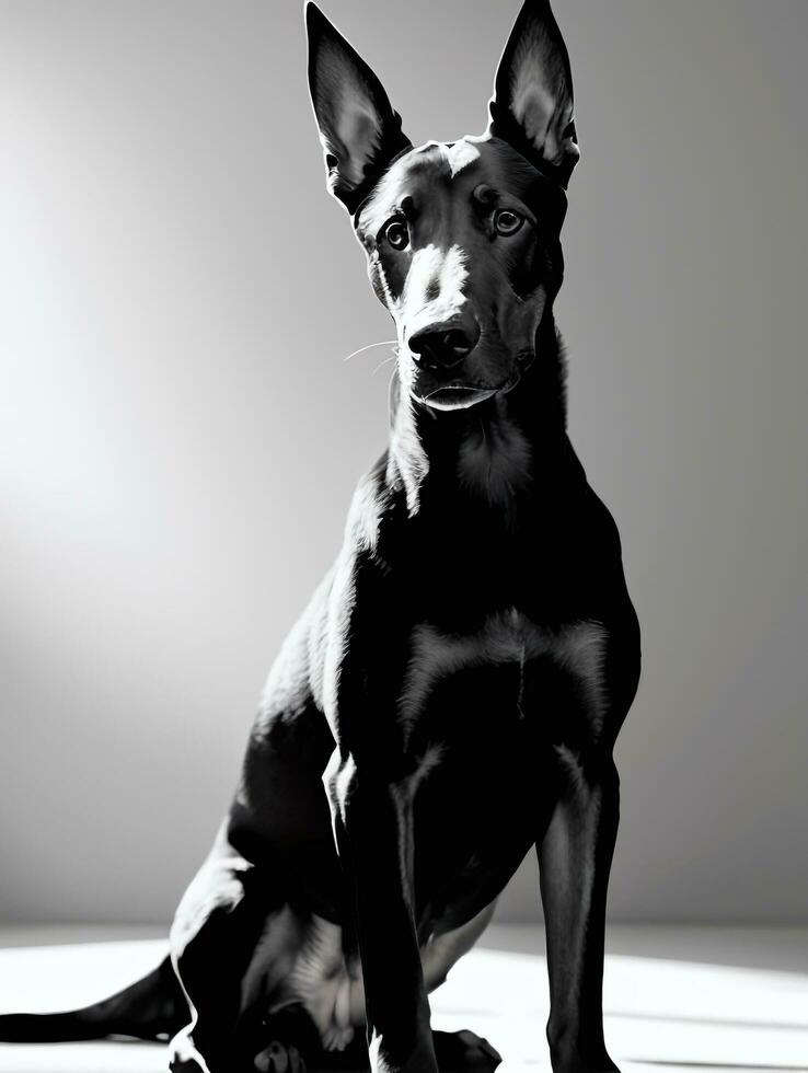 Happy Doberman Pinscher Dog Black and White Monochrome Photo in Studio Lighting