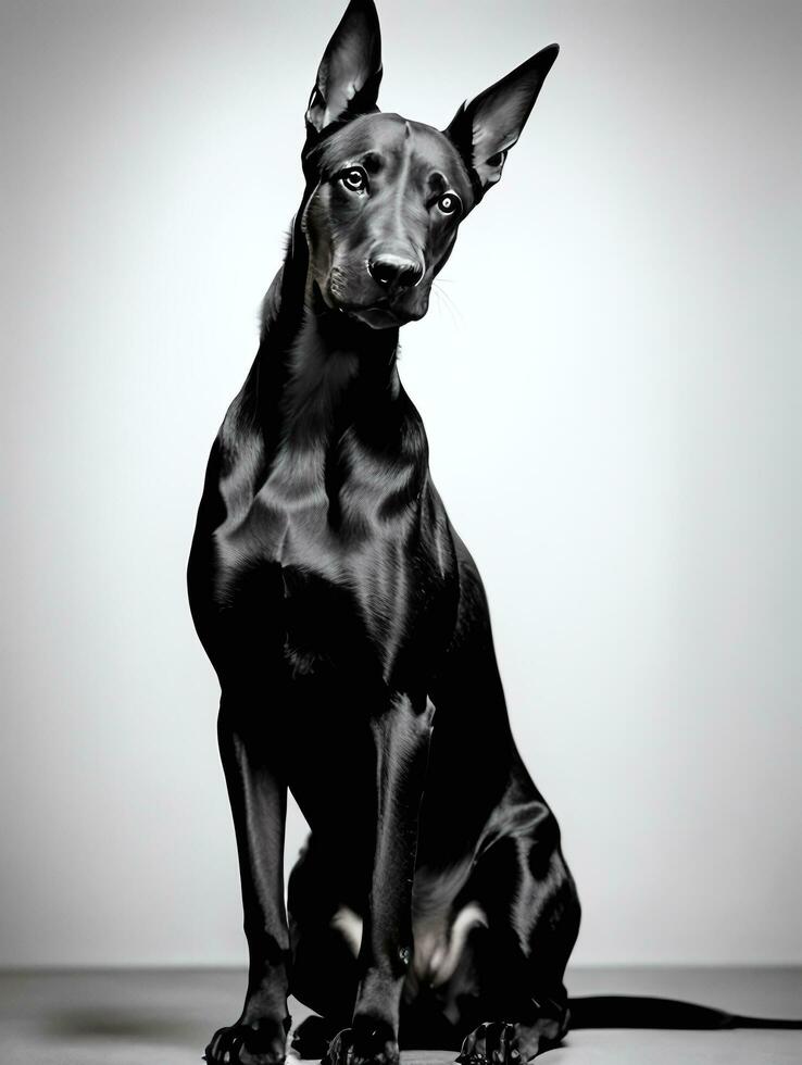 Happy Doberman Pinscher Dog Black and White Monochrome Photo in Studio Lighting