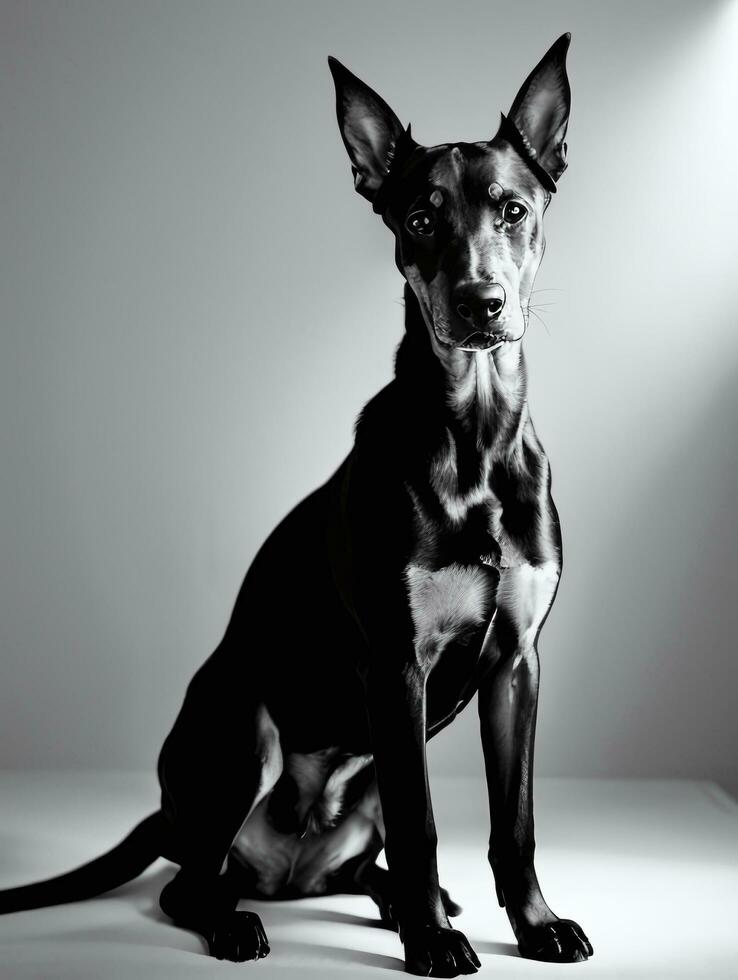 contento caballero pinscher perro negro y blanco monocromo foto en estudio Encendiendo