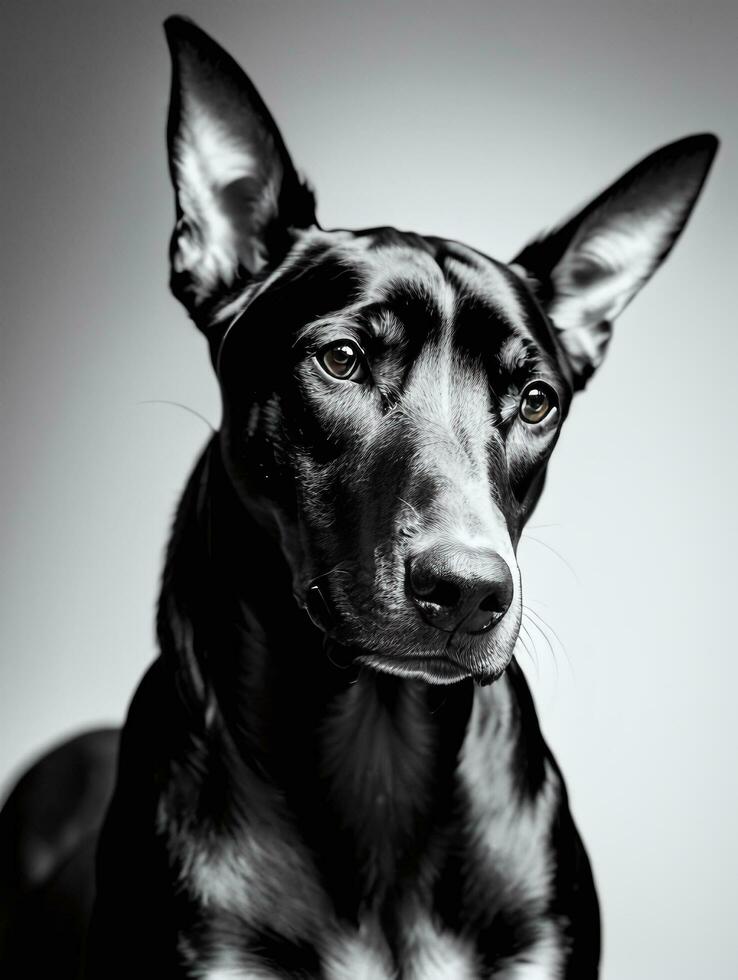 Happy Doberman Pinscher Dog Black and White Monochrome Photo in Studio Lighting