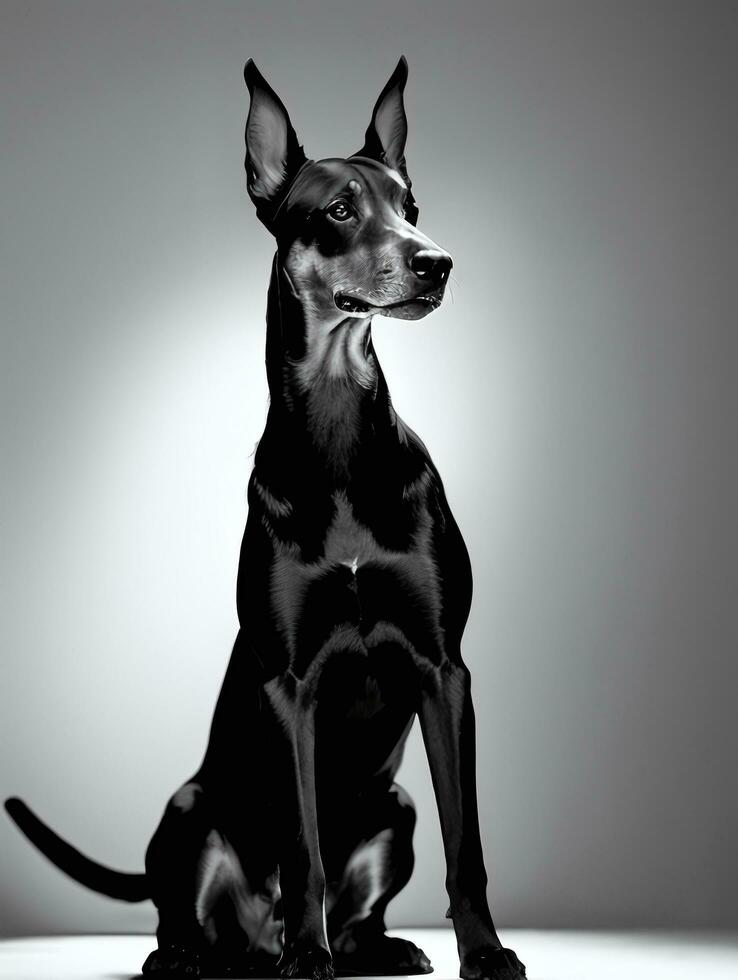 contento caballero pinscher perro negro y blanco monocromo foto en estudio Encendiendo