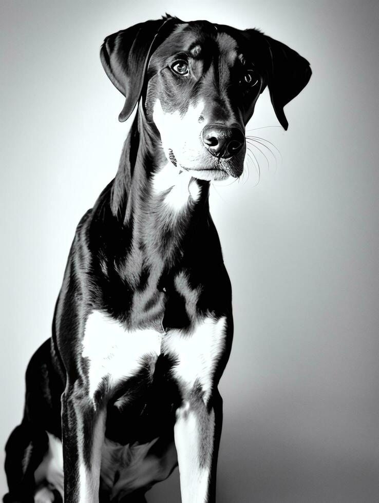 Happy Doberman Pinscher Dog Black and White Monochrome Photo in Studio Lighting