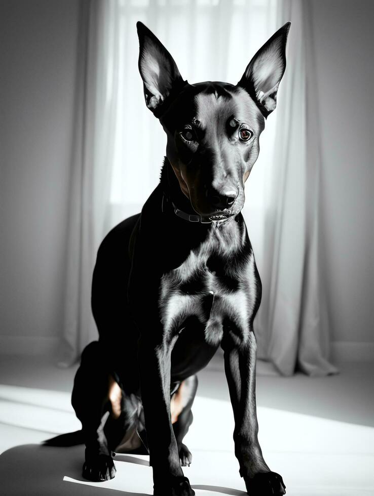 Happy Doberman Pinscher Dog Black and White Monochrome Photo in Studio Lighting