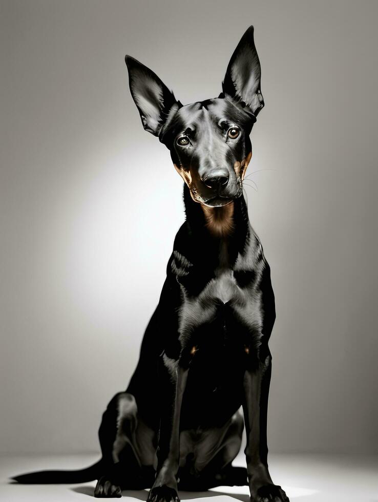 contento caballero pinscher perro negro y blanco monocromo foto en estudio Encendiendo