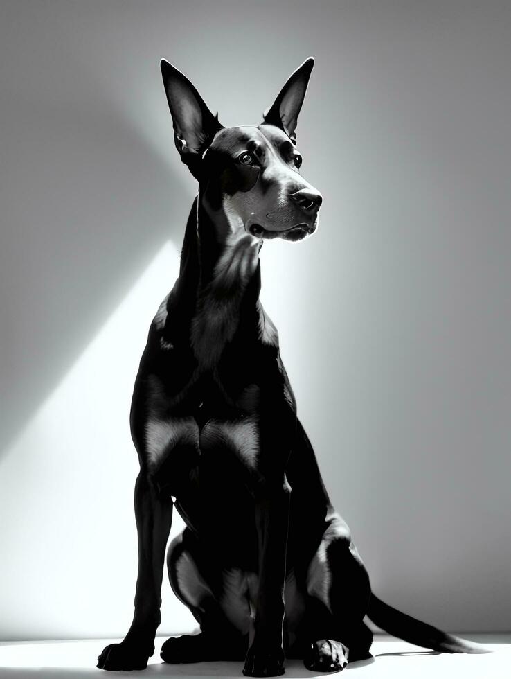 Happy Doberman Pinscher Dog Black and White Monochrome Photo in Studio Lighting