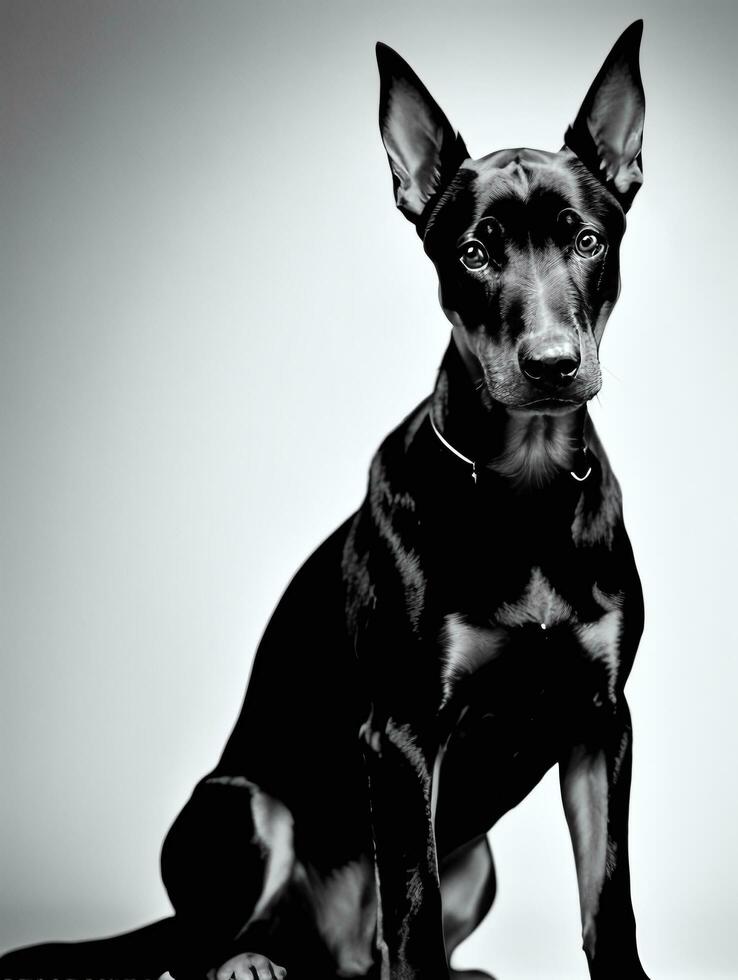 Happy Doberman Pinscher Dog Black and White Monochrome Photo in Studio Lighting