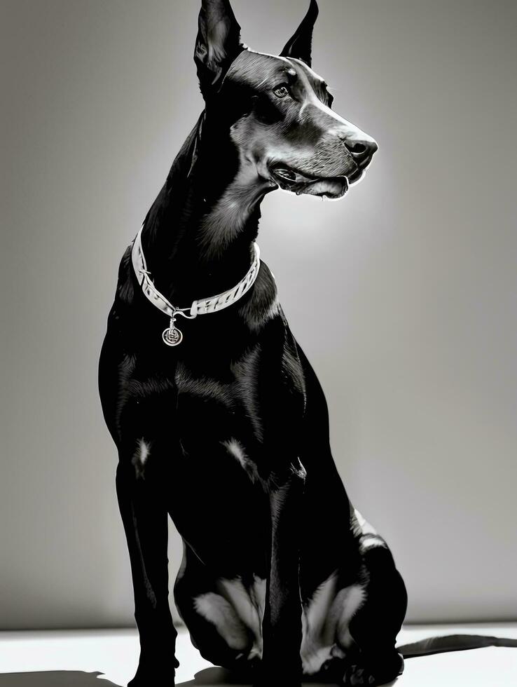 Happy Doberman Pinscher Dog Black and White Monochrome Photo in Studio Lighting